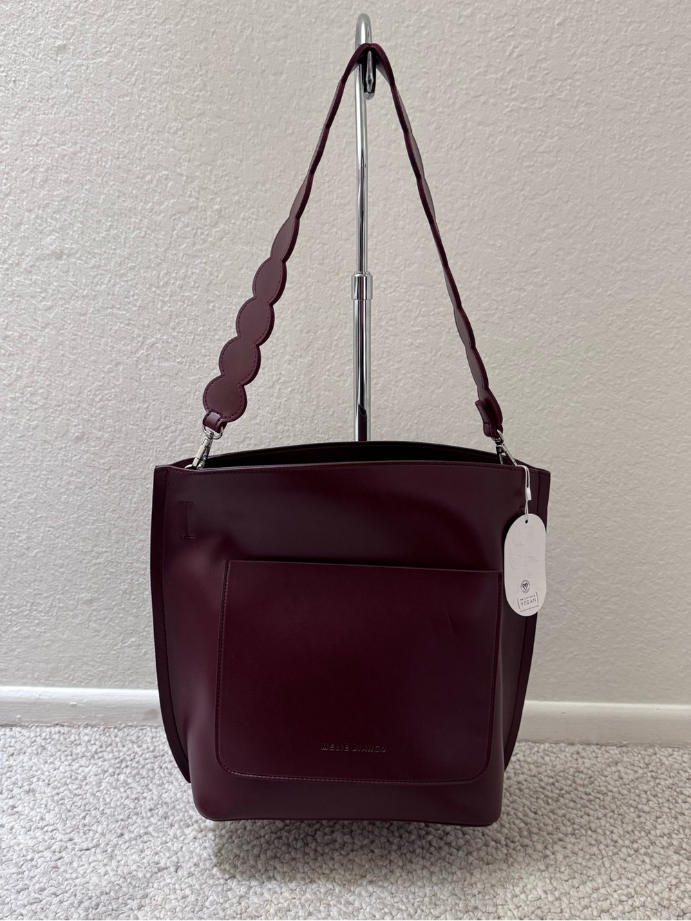 Melie Bianco Dark Brown / Burgundy Shoulder Tote with Scallop Strap and bonus